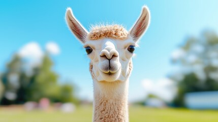 Obraz premium Funny Alpaca Facing Forward in a Field
