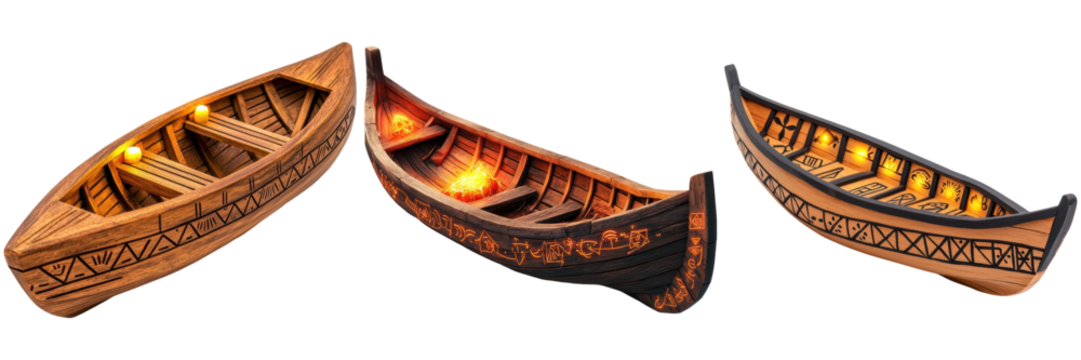 Three Unique Wooden Boats with Intricate Designs and Details - Powered by Adobe