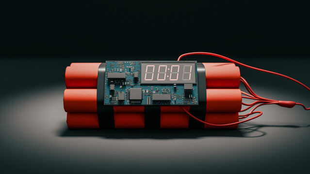 A clock attached to a red stick of dynamite.3d rendering