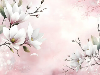 White magnolia flowers, branches, and leaves on a soft pink background