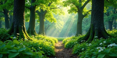 Obraz premium Woodland landscape with lush greenery and natural textures, earthy colors, foliage, nature