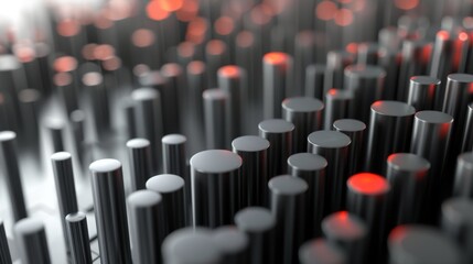 Fototapeta premium A close-up of abstract metallic cylinders arranged in a pattern, with glowing red highlights creating depth and a futuristic, high-tech aesthetic. AI generated.
