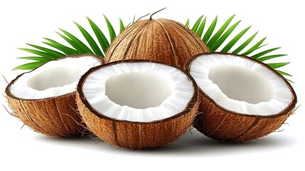 Three Coconuts with Green Leafy Fronds – Whole and Halved Tropical Fruit

