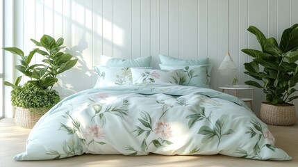 Floral bedding, sunlit bedroom, plants, interior design