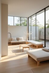 Fototapeta premium Minimalist Living Room Design With Natural Light And Wooden Furniture
