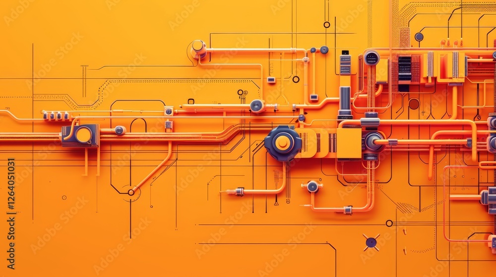 Poster a futuristic circuit board with interconnected pipes and high-tech components in a striking orange c