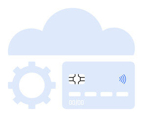 Cloud computing, gear wheel, and NFC-enabled card emphasizing digital payments and system automation. Ideal for fintech, cloud storage, online banking, security, tech innovation, modern finance