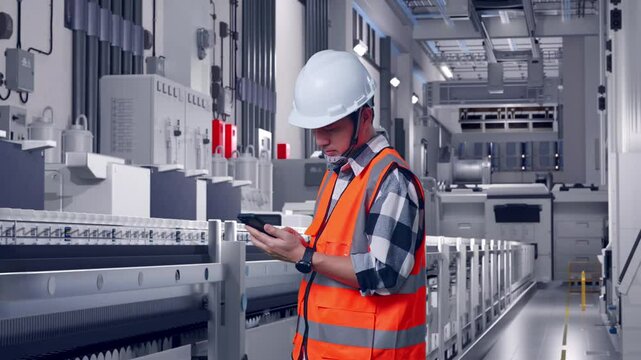 Side View Of Asian Male Engineer With Safety Helmet Using Smartphone While Standing At Pharmaceutical Factory, Vaccine Production Facility
