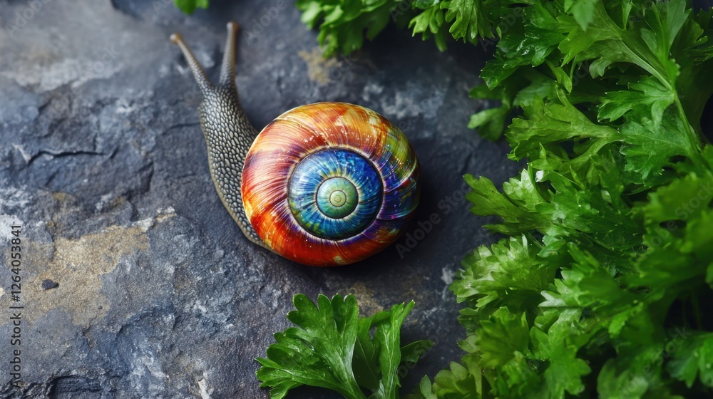 Poster a snail with a bright, colorful shell resting on a gray stone surface with fresh parsley surrounding