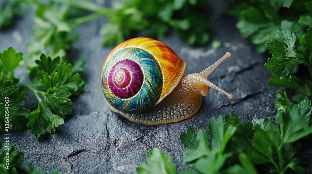 Poster a snail with a bright, colorful shell resting on a gray stone surface with fresh parsley surrounding