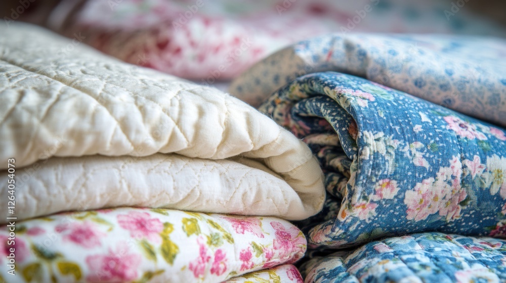 Fototapete close up of colorful patterned fabrics featuring floral and geometric designs with space for text an