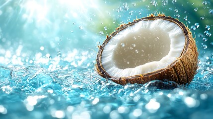 Split Coconut with Splashing Water Representing Freshness and Hydration

