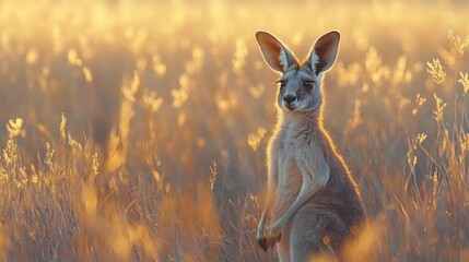Fototapeta premium Kangaroo standing in a field at sunrise