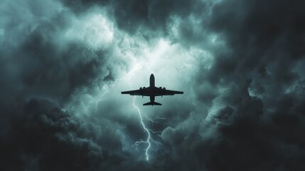Naklejka premium Dramatic stormy sky with airplane silhouetted against lightning at twilight. Generative AI