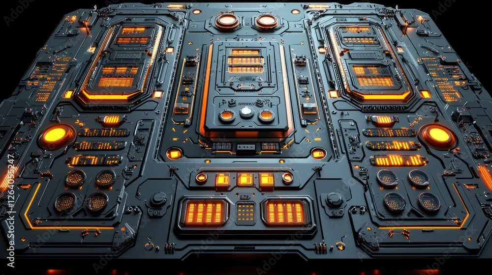 Poster futuristic tech panel: a 3d render of a sleek, advanced circuit board with glowing orange components