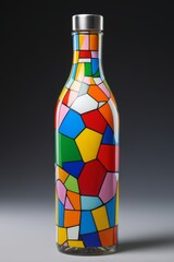 brightly colored glass bottle with a silver lid on a gray surface