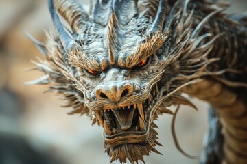 Fototapeta premium Majestic Dragon Statue Head Close Up View