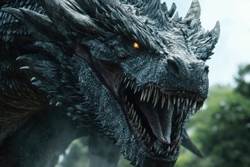 A Majestic Dark Grey Dragon Roars Open Jaws