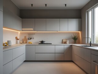 Fototapeta premium Modern Minimalist Kitchen Design With Light Gray Cabinets