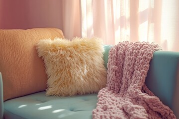 Cozy Home Decor with Plush Pillow and Soft Blanket on Sofa