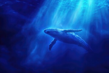 Fototapeta premium Majestic Humpback Whale Swimming In Deep Ocean Sunlight
