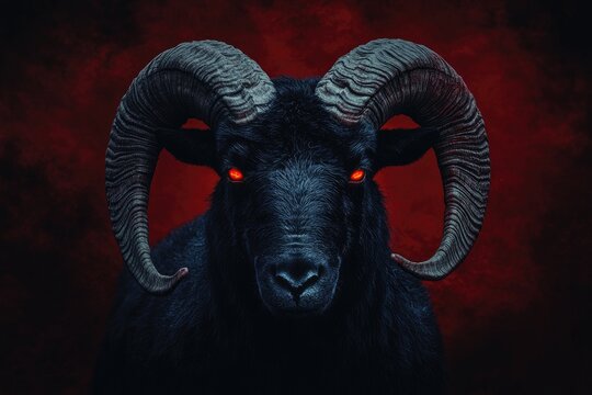 Black Ram with Glowing Red Eyes Dark Background - Powered by Adobe
