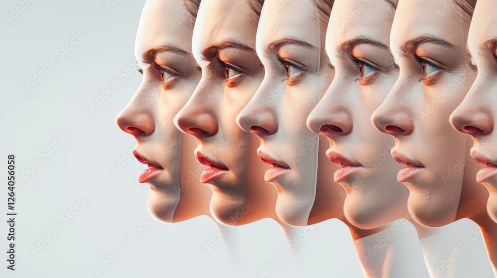 Poster a surreal ai-generated composition of multiple human profiles merging seamlessly, illustrating digit