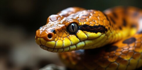 Fototapeta premium Yellowish-brown scales glisten on snake's face, revealing piercing eyes and slender neck , closeup, reptile, wildlife