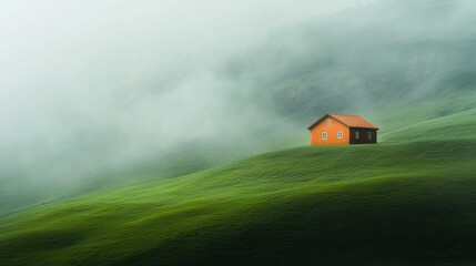 A solitary orange house on a green hill, enveloped by fog, with the landscape disappearing into mist for a mystical, serene effect.