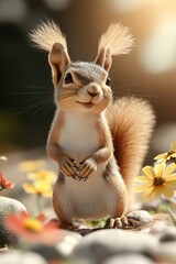 Cute squirrel in Spring field in forest.
