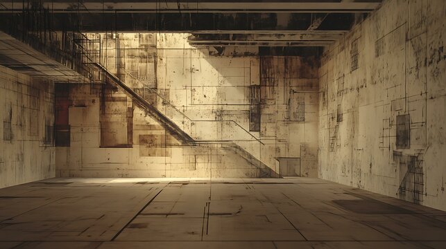 A decayed warehouse blueprint, showcasing structural weaknesses, makeshift security posts, and crumbling stairwells