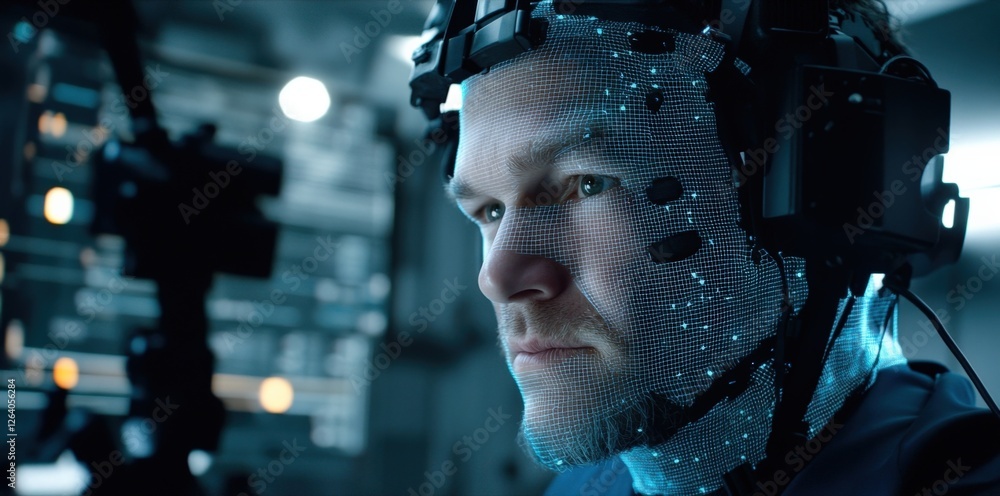 Poster professional engaged in motion capture technology, wearing a high tech headset with sensors, focuses