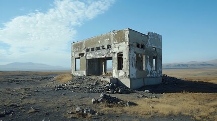 A decaying Soviet penal colony building, featuring shattered windows and a collapsing roof, set in...