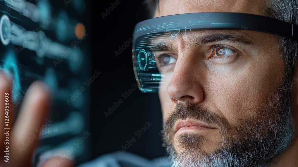 Poster focused and determined man working out with a high tech virtual reality headset immersed in a futuri