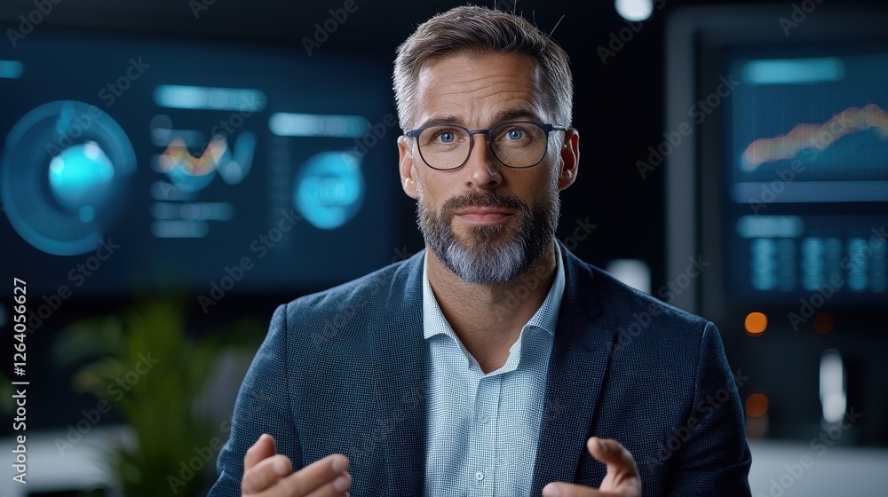Poster determined corporate executive delivering compelling presentation in smart office setting confident 