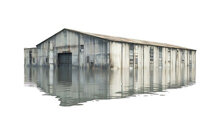 Fototapeta premium A flooded warehouse exterior with water pooling around the structure, reflecting its decayed walls, isolated on white