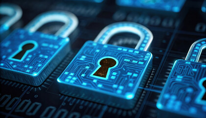 Digital locks with glowing blue circuits symbolize cybersecurity and protection