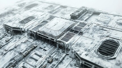 Obraz premium A futuristic skyscraper roof covered in grime, with HVAC systems and vents scattered across the surface, isolated on white