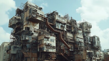 A futuristic slum settlement made from scavenged metal, featuring towering makeshift buildings and rusting staircases