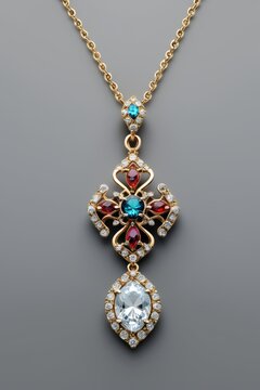 a close up of a necklace with a cross and a blue topaz