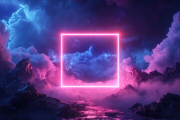 Neon Frame Envelops Mountainscape Underneath Starry Clouds