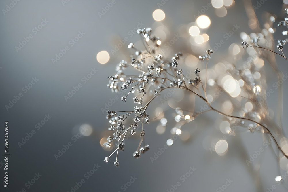 Poster a close-up of sparkling silver glitter in motion, set against a soft gray background with bokeh ligh