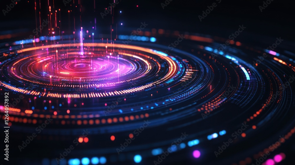 Poster vibrant digital abstract representation of concentric circles radiating light, creating a mesmerizin