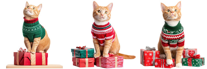 Adorable Cats in Christmas Sweaters Surrounded by Gifts