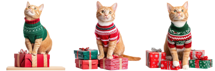 Adorable Cats in Christmas Sweaters Surrounded by Gifts