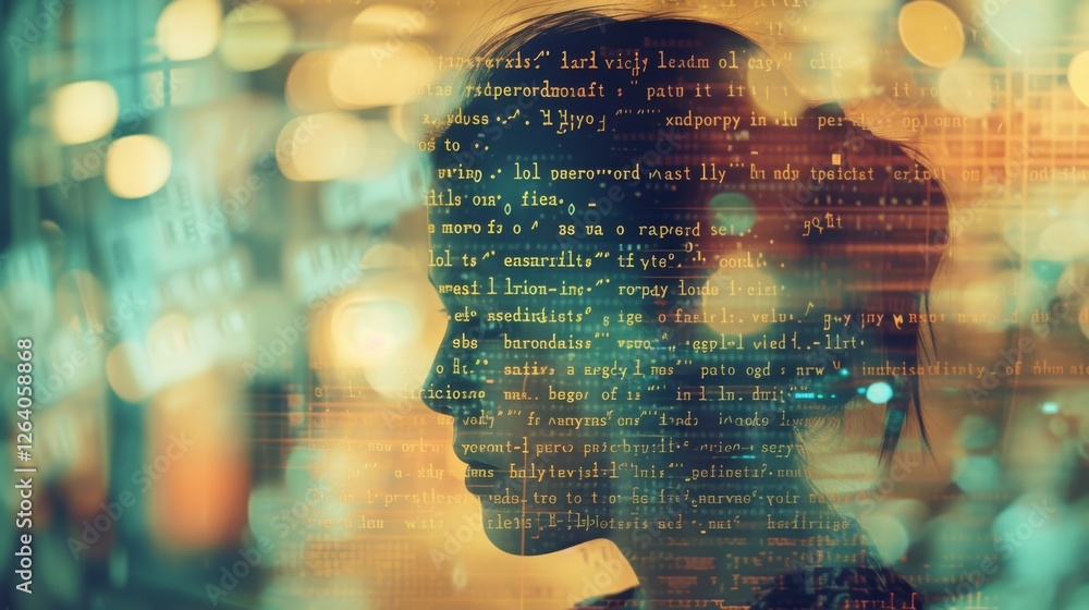 Aufkleber a mysterious silhouette of a woman with digital code projections and glowing cybernetic effects, sym