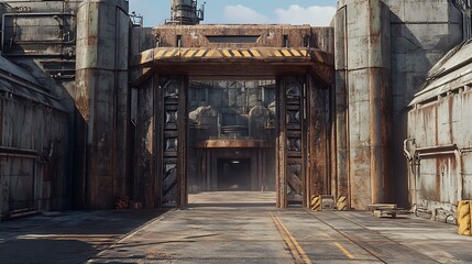 A hyperrealistic military base entrance with large industrial barriers, rusted steel gates, and heavily fortified walls