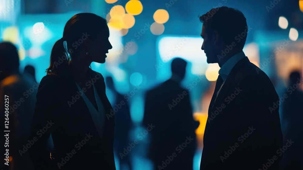 Poster silhouetted professionals engaged in conversation at a vibrant networking event, with blurred lights