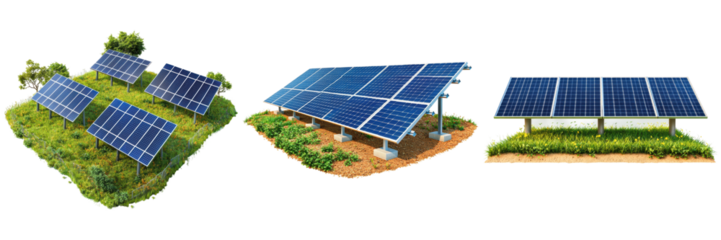 Solar Panels in Various Setups Surrounded by Greenery and Grass