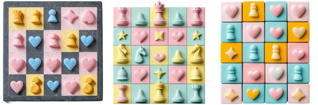Colorful Chess Set with Unique Game Pieces in Pastel Shades